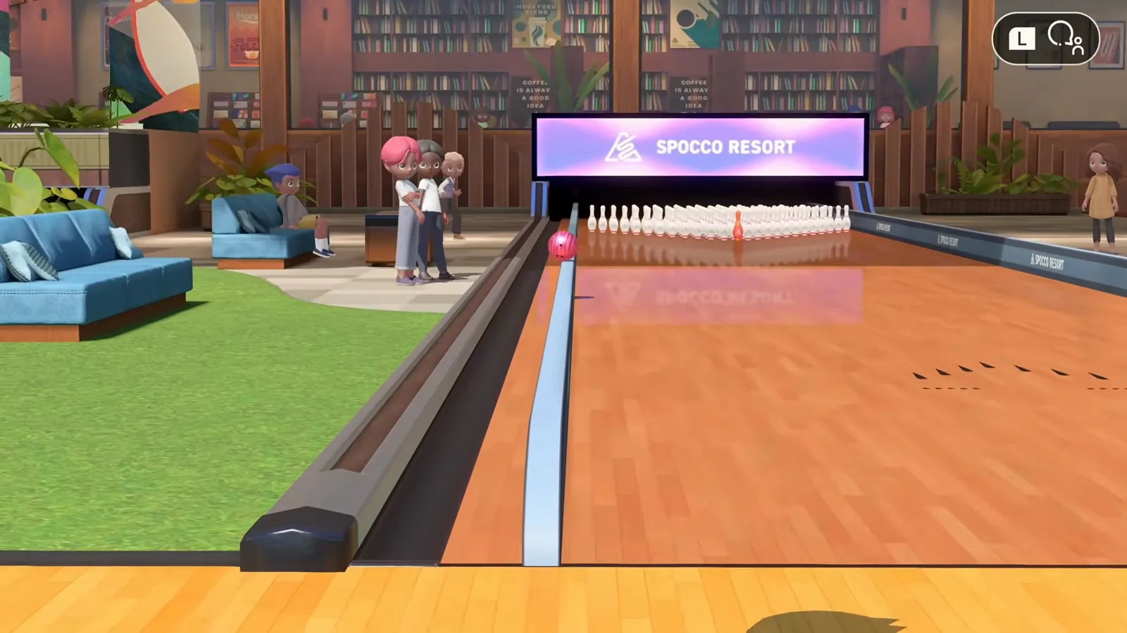 A bowling ball rolls along the left edge rail toward a full rack of 100 pins in Nintendo Switch Sports Resort’s 100-Pin Game