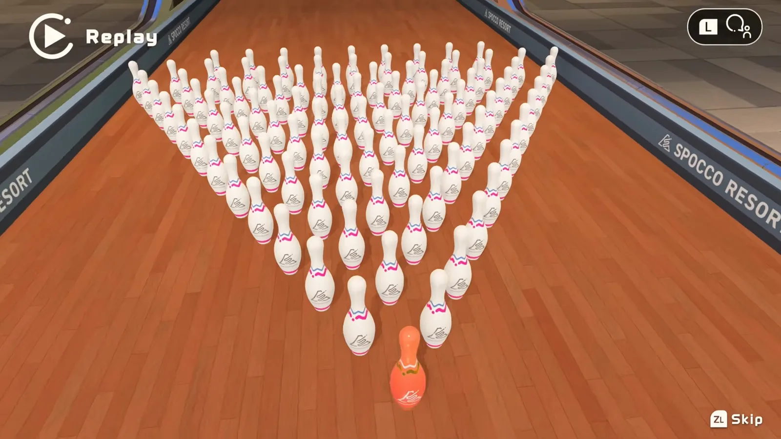 Overhead replay view of a full 100-pin rack spread across the wide lane in Nintendo Switch Sports Resort’s 100-Pin Game