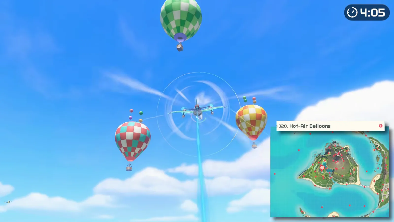 Photo spot 020 Hot-Air Balloons in Switch Sports Resort with the prop plane barrel rolling between three checkered balloons above the island