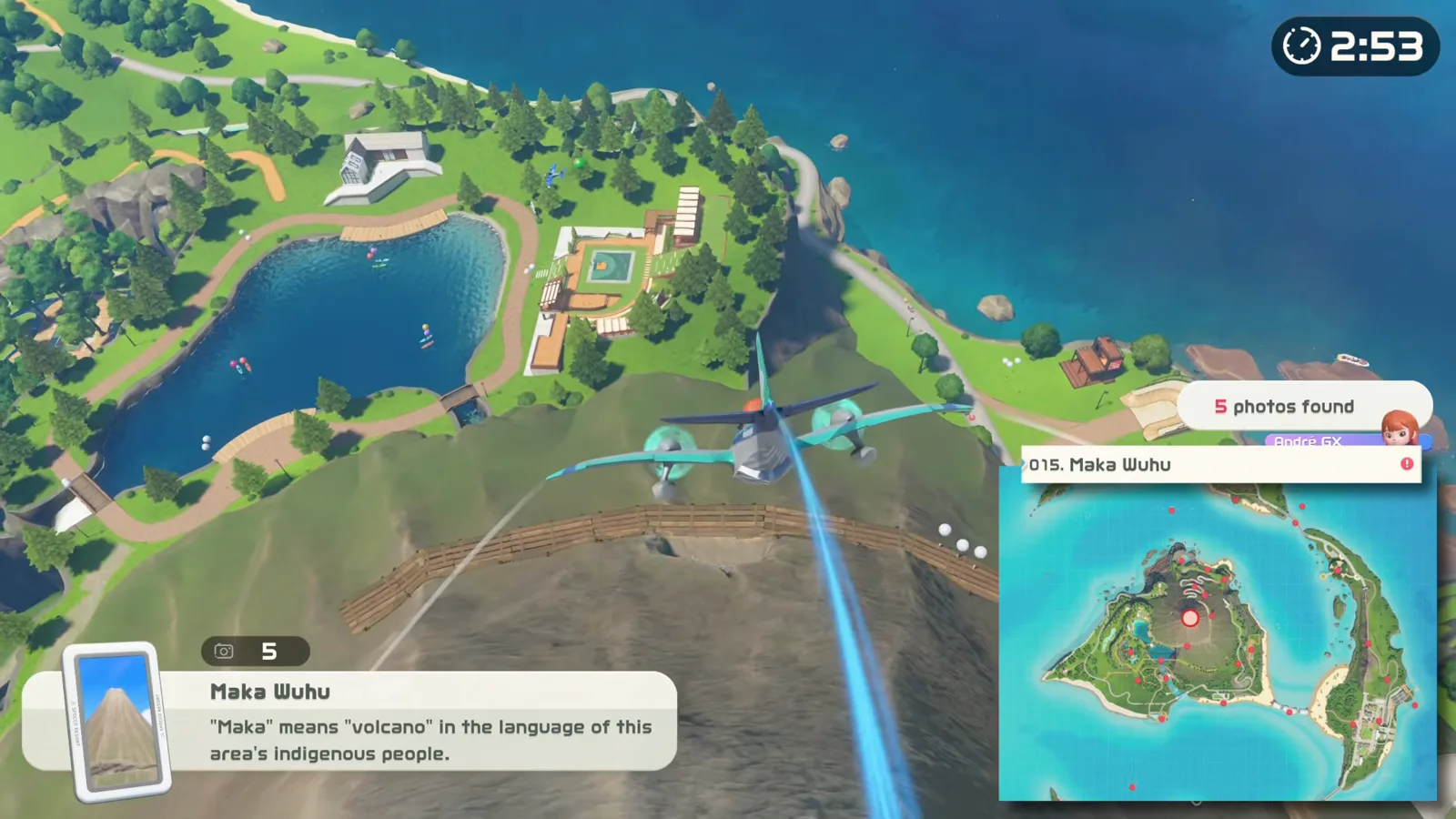 Switch Sports Resort photo spot 015 Maka Wuhu card with a five photos found popup as the plane dives toward the volcano caldera rim