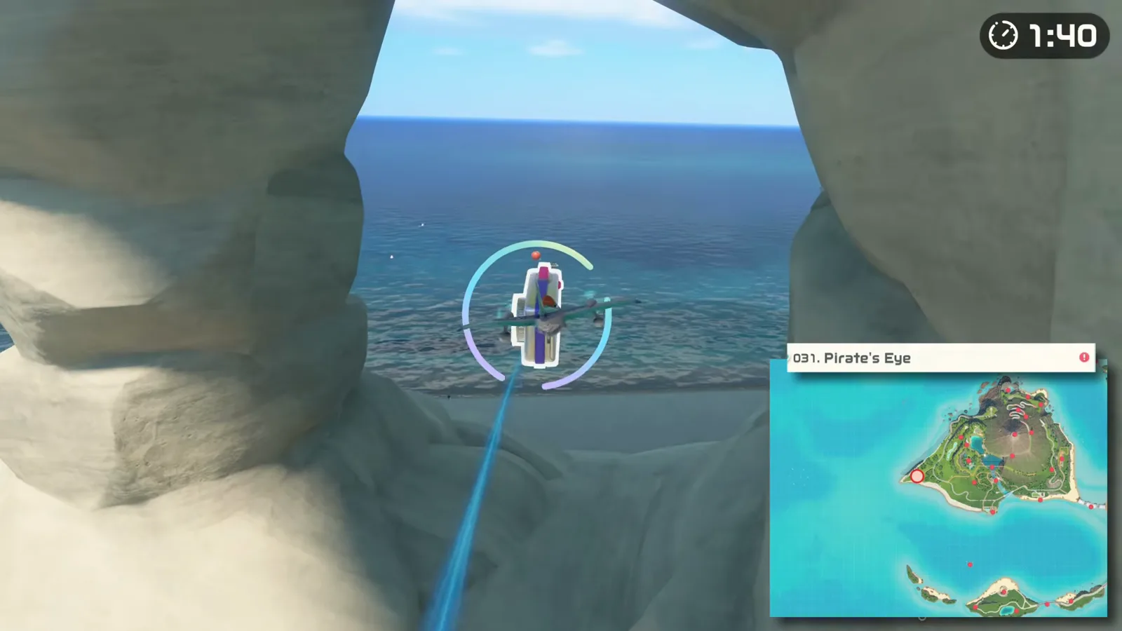 Prop plane threading the Pirate’s Eye rock arch, photo spot 031 on Switch Sports Resort’s west coast, with the camera ring reticle open