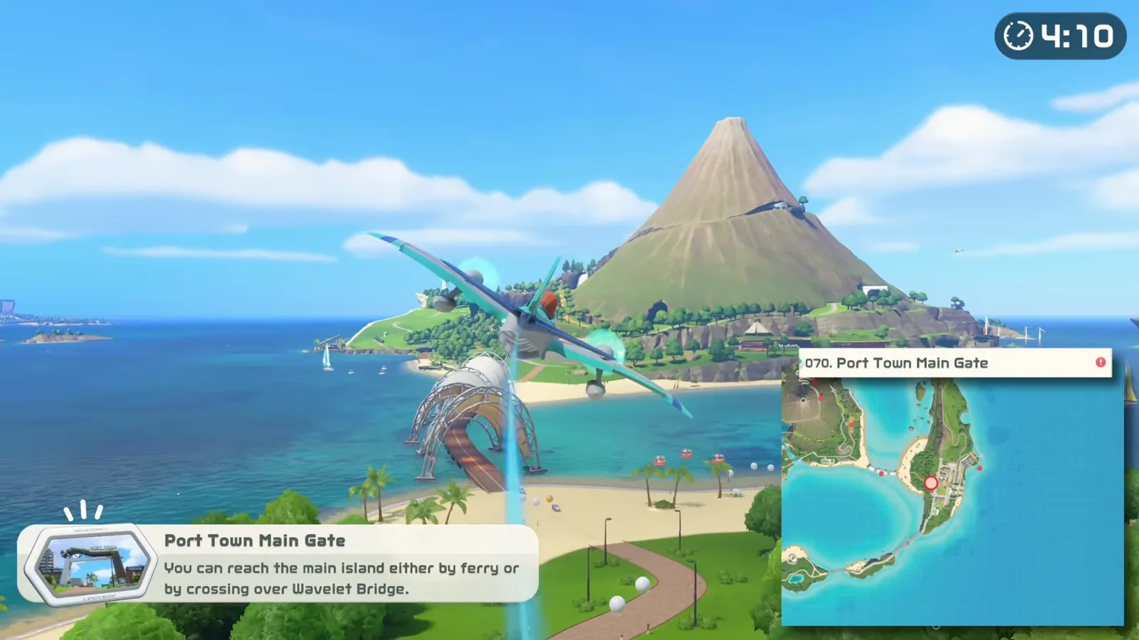 Switch Sports Resort photo spot 070 Port Town Main Gate card explaining the ferry and Wavelet Bridge routes with the volcano in the background