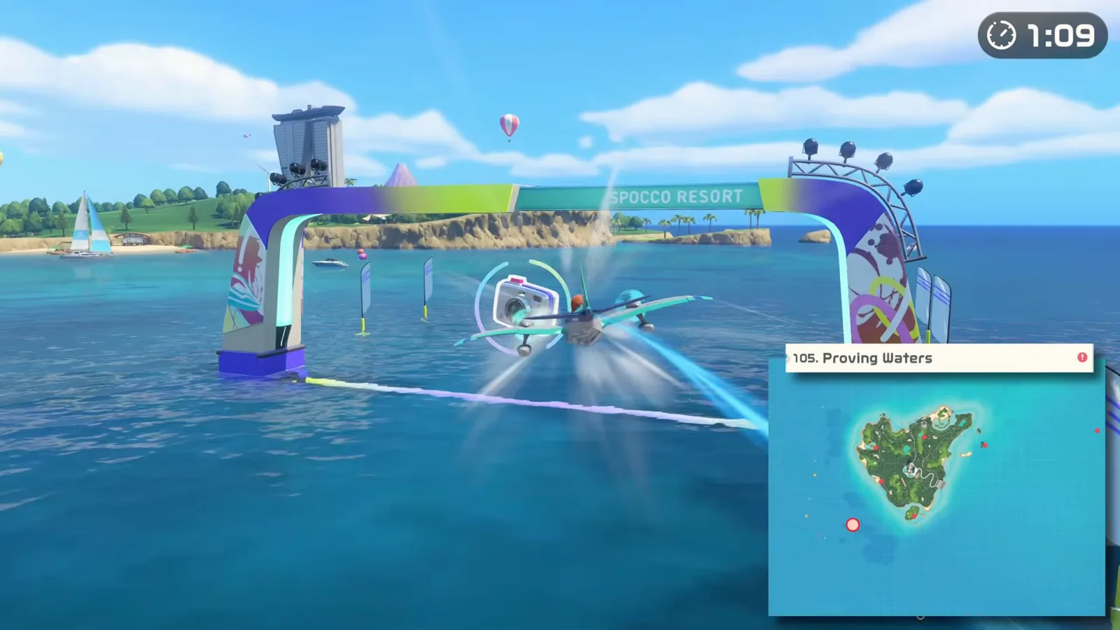 Prop plane claiming photo spot 105 Proving Waters under the Spocco Resort arch for the final Switch Sports Resort sightseeing photo