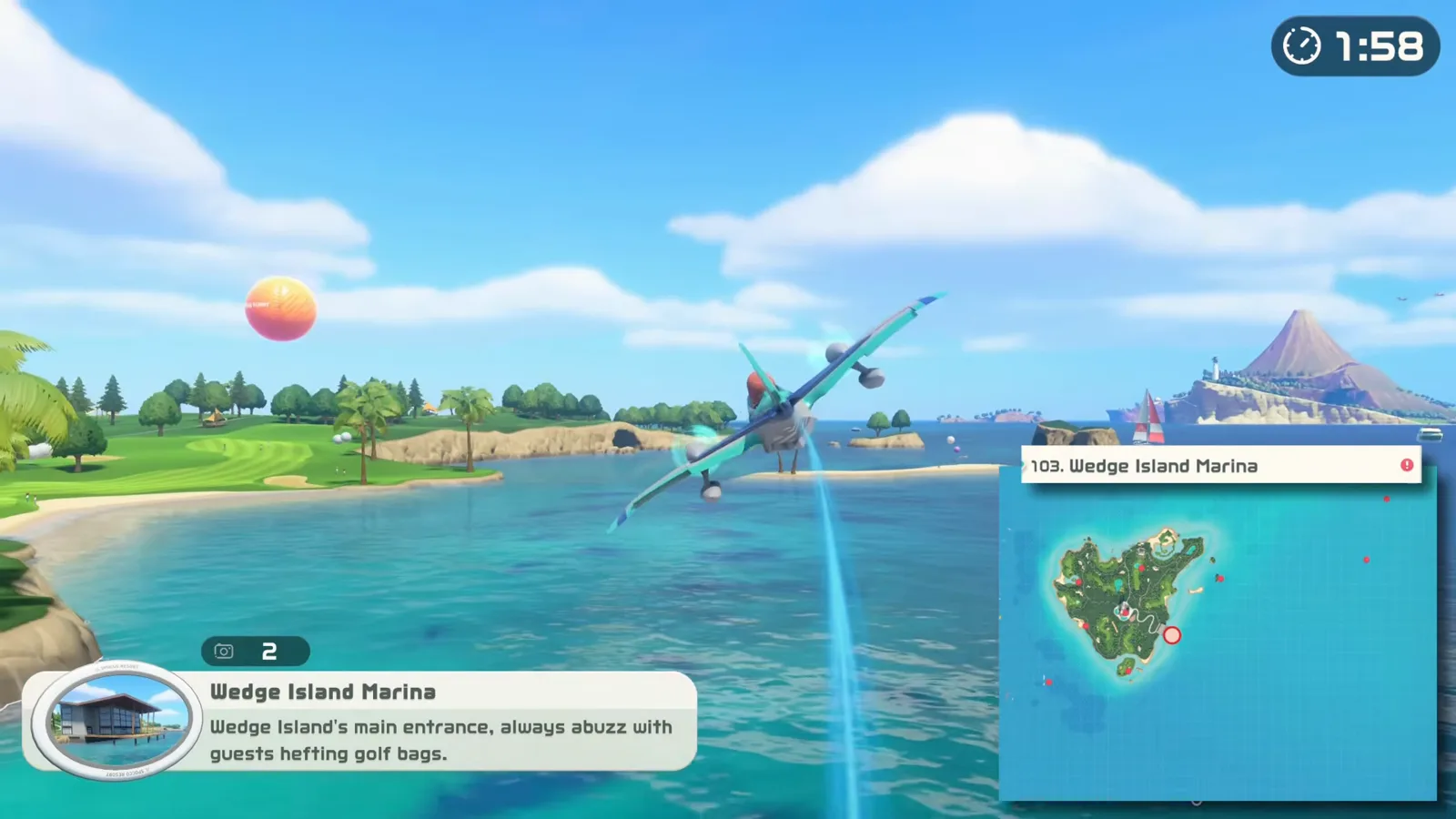 Switch Sports Resort photo spot 103 Wedge Island Marina card describing golf guests as the plane crosses the marina bay
