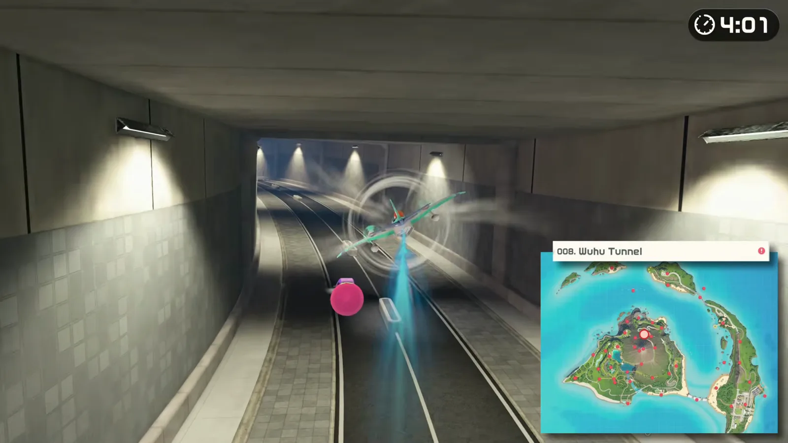 Prop plane flying through highway traffic inside photo spot 008 Wuhu Tunnel with the island map showing red spot pins