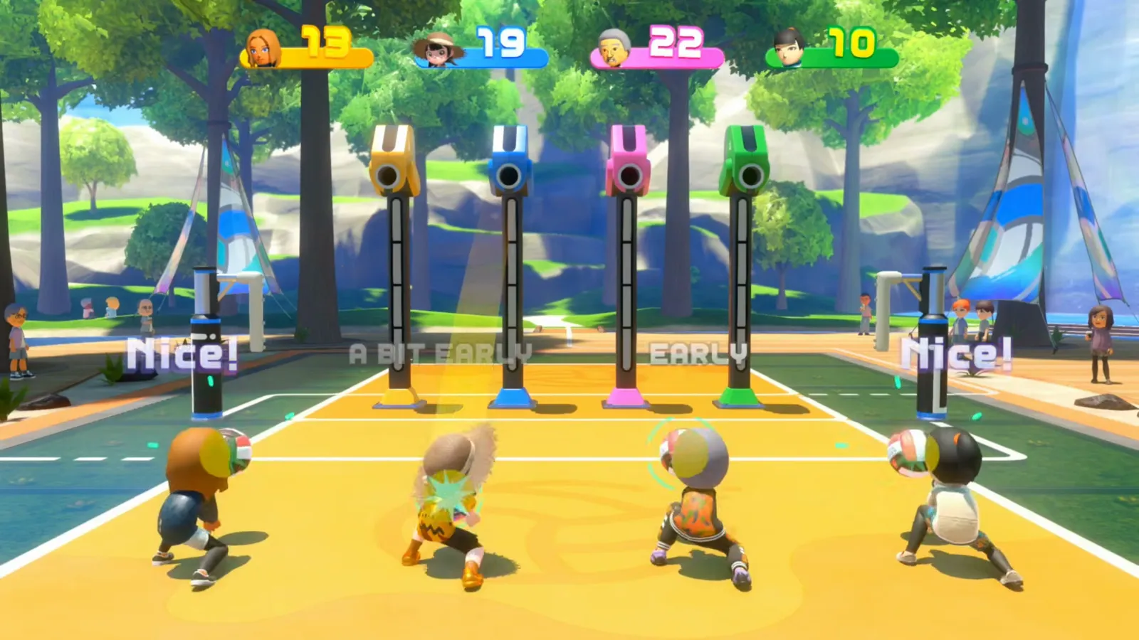 Four Volleyball players bumping machine balls while the game shows Nice, A BIT EARLY, and EARLY timing judgments in Bump to the Beat