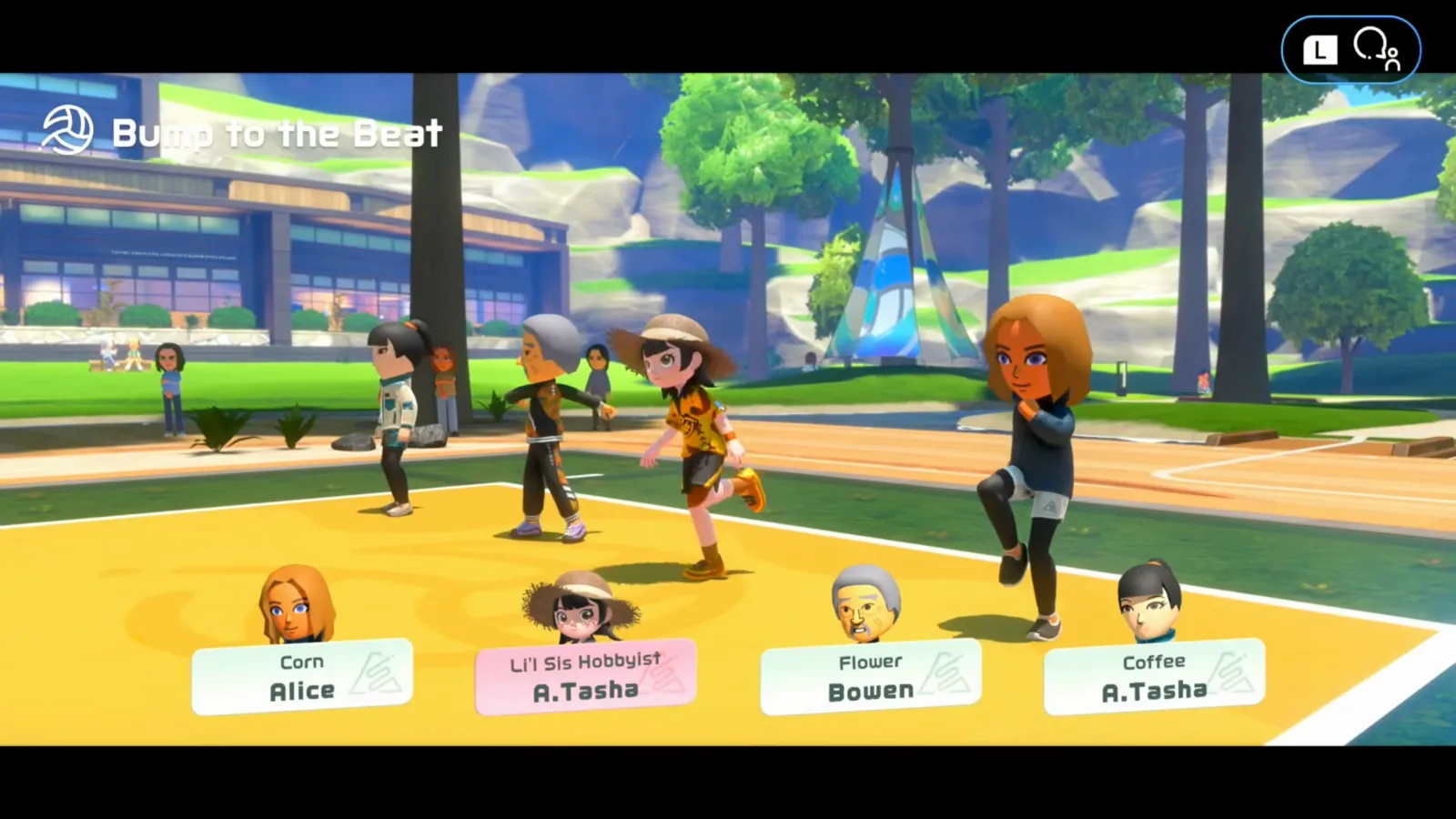 Bump to the Beat court with four colored ball launchers and four players lined up under the mode banner in Switch Sports Resort volleyball