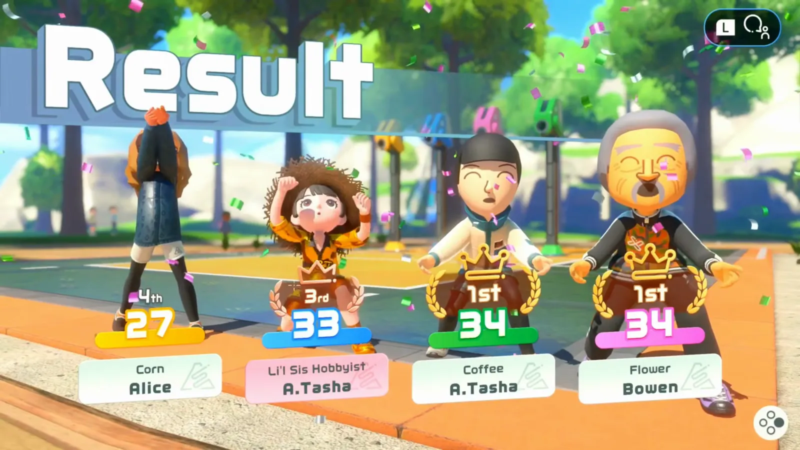Bump to the Beat result board ranking four players first to fourth with scores of 27, 33, 34, and 34 points