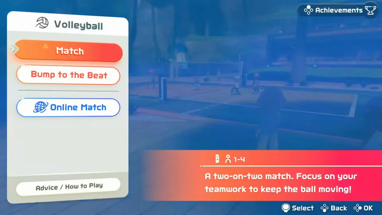 Volleyball mode menu showing Match, Bump to the Beat, and Online Match with the two-on-two teamwork description on screen