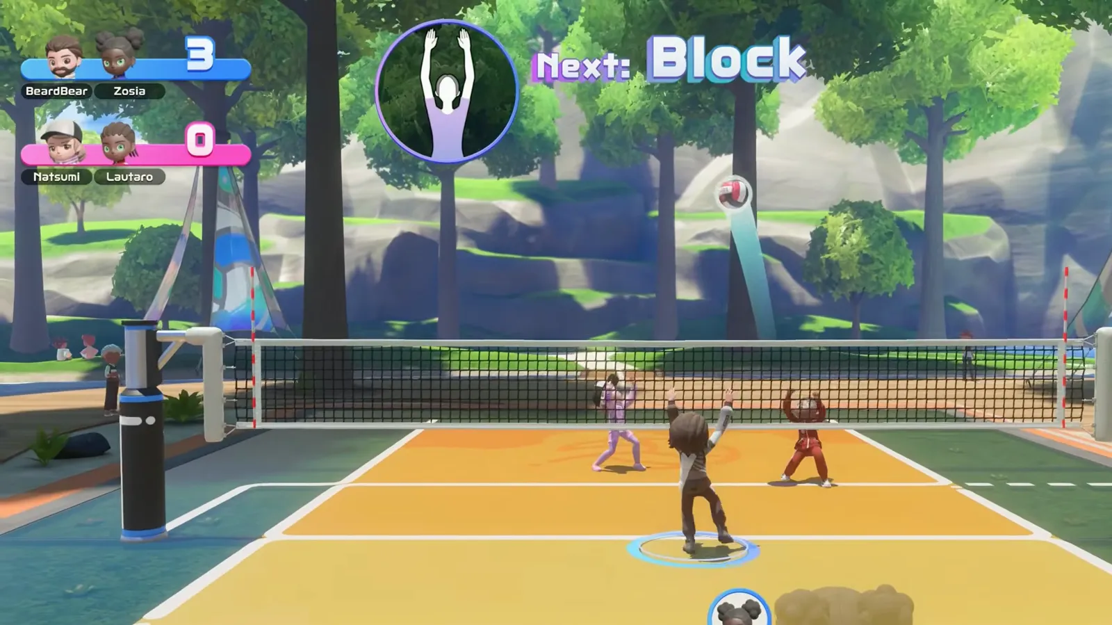 Next Block prompt over a Volleyball defender squared up at the net with the scoreboard reading 3-0