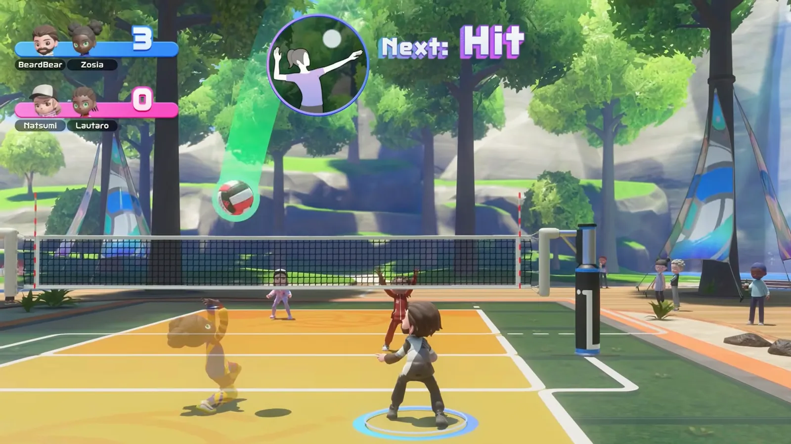 Next Hit anticipation icon above a Volleyball scoreboard at 3-0 while the set ball drops toward the spiker
