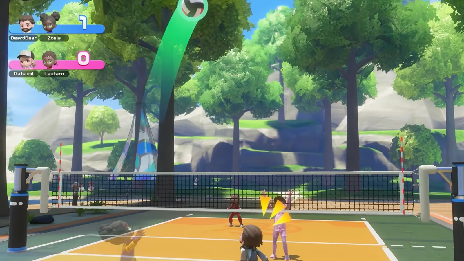 Volleyball spike with a bright green power trail crossing the net while the scoreboard shows 1-0 in Switch Sports Resort