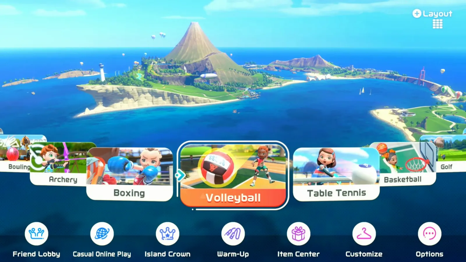 Nintendo Switch Sports Resort sport select menu on Wuhu Island with the Volleyball card highlighted between Boxing and Table Tennis